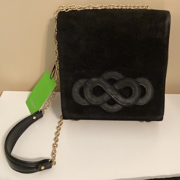 Shanghai tang NWT! Black suede shoulder bag with gold chain - Picture 6 of 14